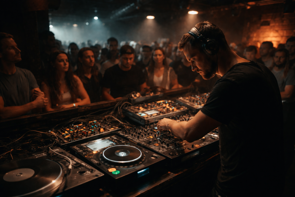 DJ an einem realistischen Club-Setup mit CDJs und Mischpult, konzentriert bei der Arbeit im Halbdunkel eines Underground-Clubs. Vor ihm steht eine kleine, aufmerksame Menschenmenge, im Hintergrund warmes Licht, Nebel und eine dichte Clubatmosphäre ohne Showeffekte.